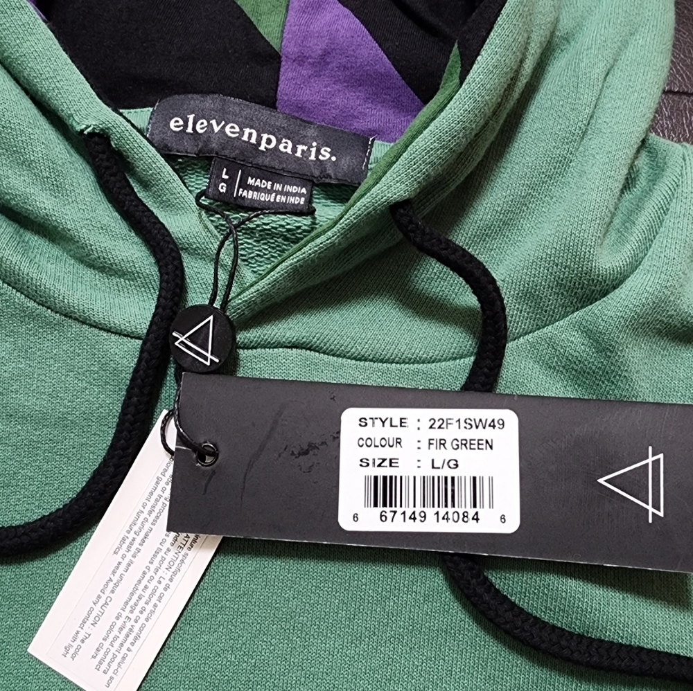 Eleven Paris Graphic Sweatshirt Long Sleeve Men's Drawstring Hoodie Fir green L - Picture 3 of 9